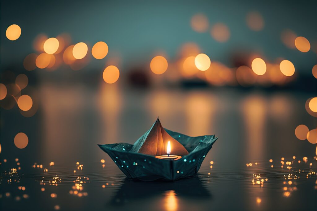 A Candle In An Origami Boat On The Water With A Bokeh Background Ai Generative Art
